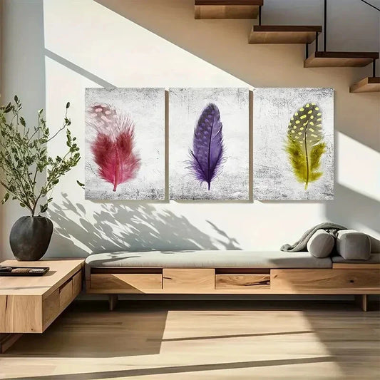 3pcs Vibrant Feather Colorful Abstract Metal Print Ready to Hang Art