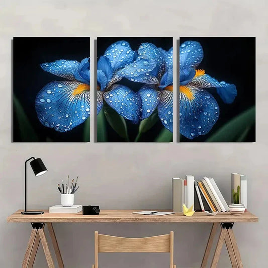 3pcs Purple Irises Green Leaves Dark Metal Print Ready to Hang Art