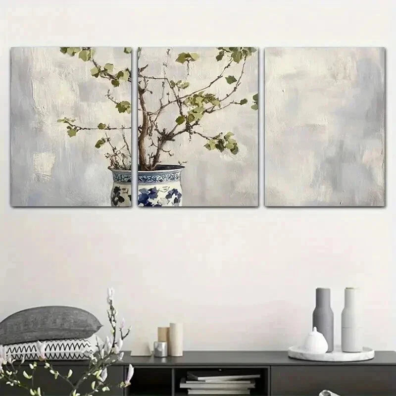 3pcs Blue & White Porcelain Vase with Branches Wall Art Set Canvas Framed 40x60cm - High Quality Print 100% Australian Made Wall Canvas Ready to Hang