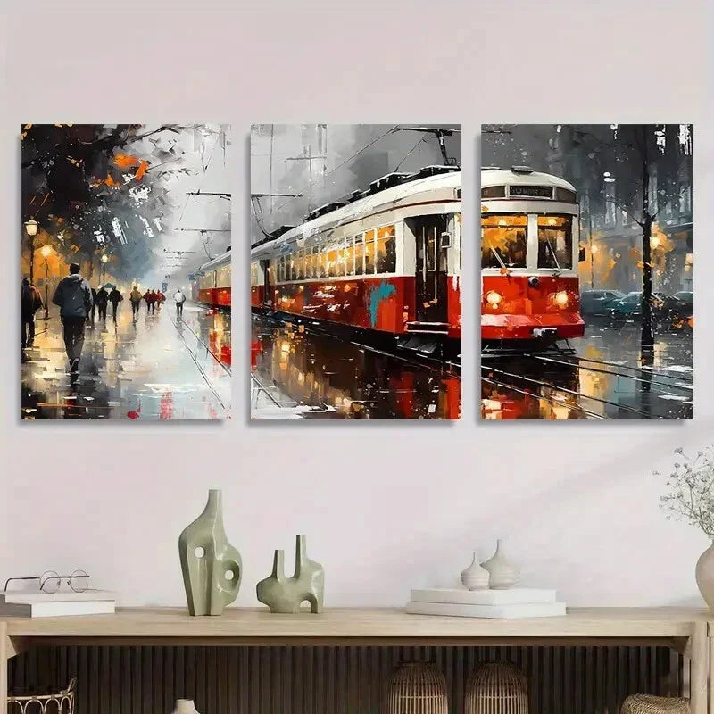 3pcs Colorful Urban Streetcar Painting Tram Metal Print Ready to Hang Art
