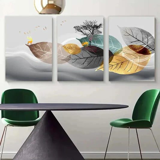 3pcs Autumn Leaves Blue and Golden Foliage Metal Print Ready to Hang Art