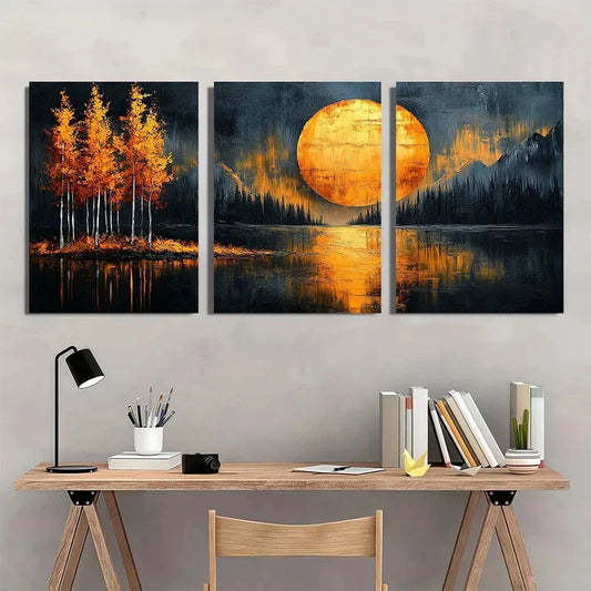 3pcs Golden Autumn Trees & Moonlit Waters Metal Print Ready to Hang Art