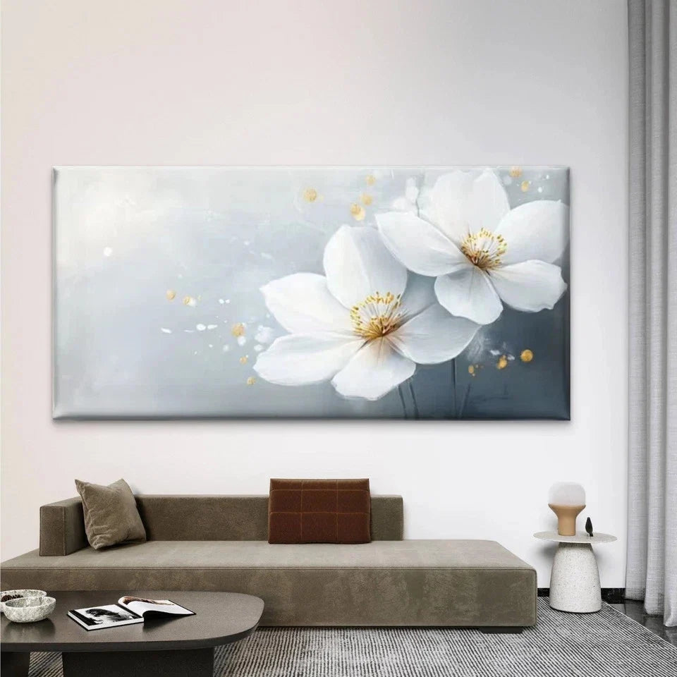 Abstract White Flowers Vintage Wall Art Canvas Office Home Room Framed 80x45cm