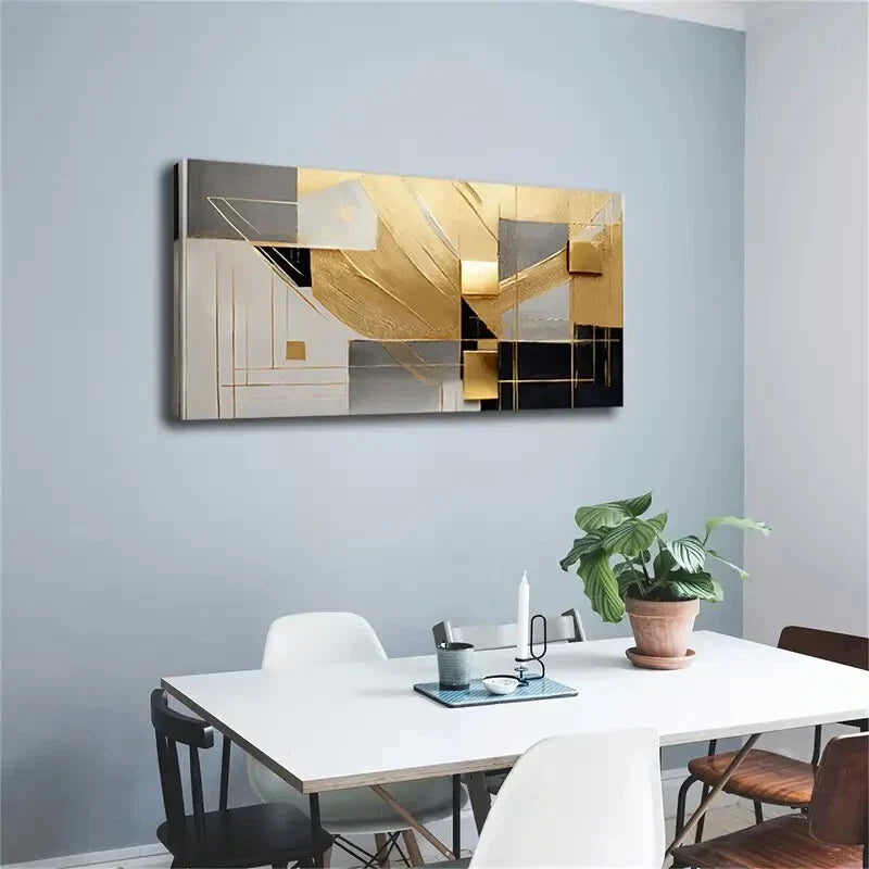 Abstract Geometric Shapes Gold Wall Art Canvas Office Home Room Framed 80x45cm