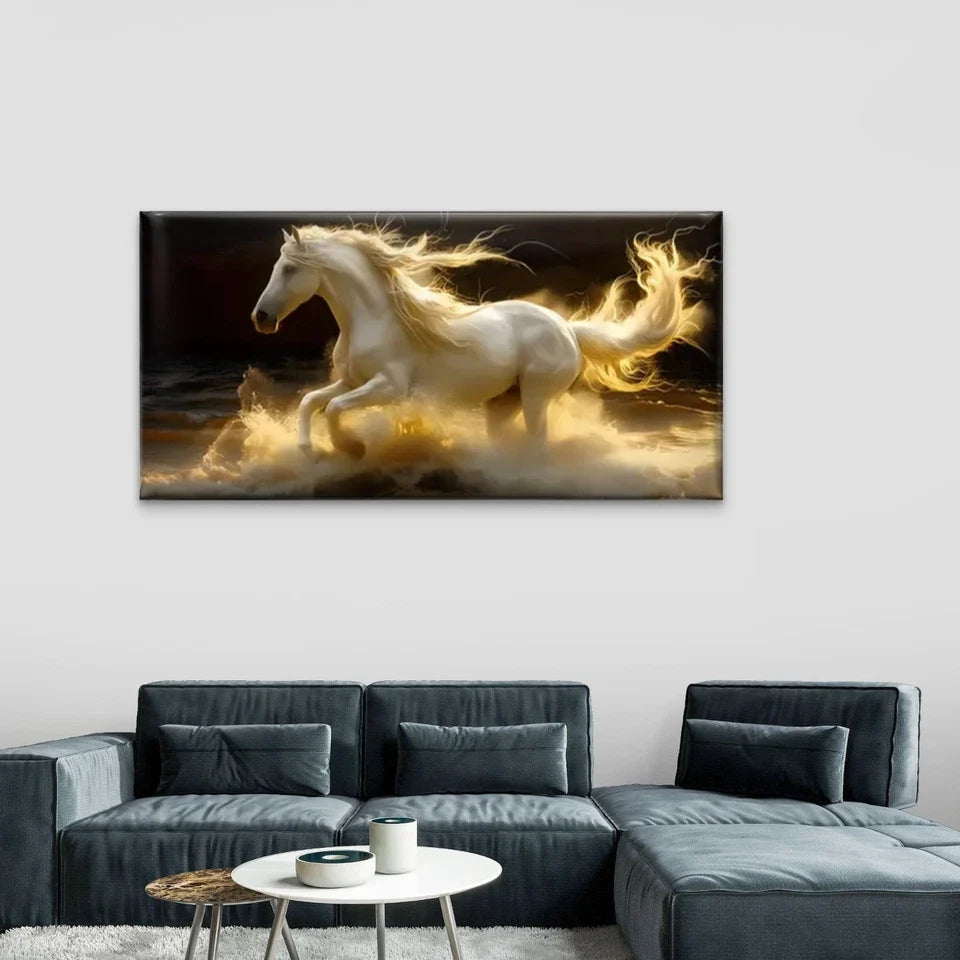 The White Horse Crosses Water Wall Art Canvas Office Home Room Framed 80x45cm