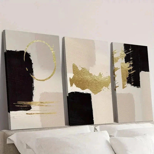 3pcs Golden Black Geometric Painting Wall Art Set Canvas Framed 40x60cm - High Quality Print 100% Australian Made Wall Canvas Ready to Hang