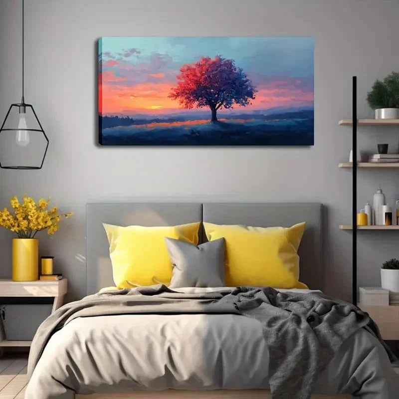 Vibrant Sunset Tree Landscape Wall Art canvas office home room framed 120x60cm