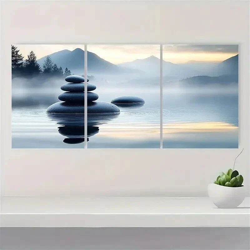 3pcs White for Lotus Black Zen Stones Water Metal Print Ready to Hang Art