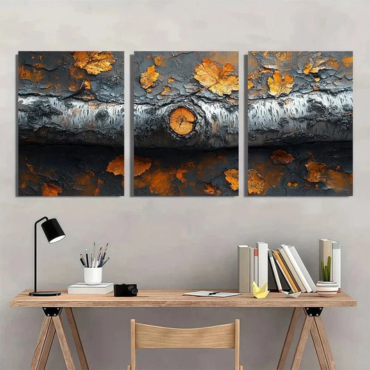 3pcs Birch Tree Trunk Bark Golden Leaves Metal Print Ready to Hang Art
