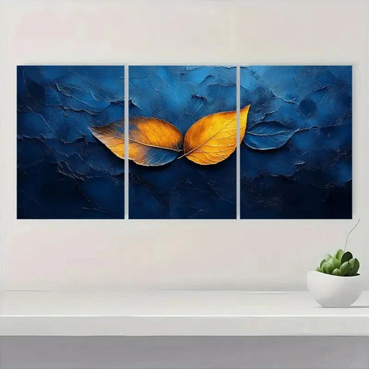 3pcs Abstract Leaf Design in Blue & Yellow Metal Print Ready to Hang Art