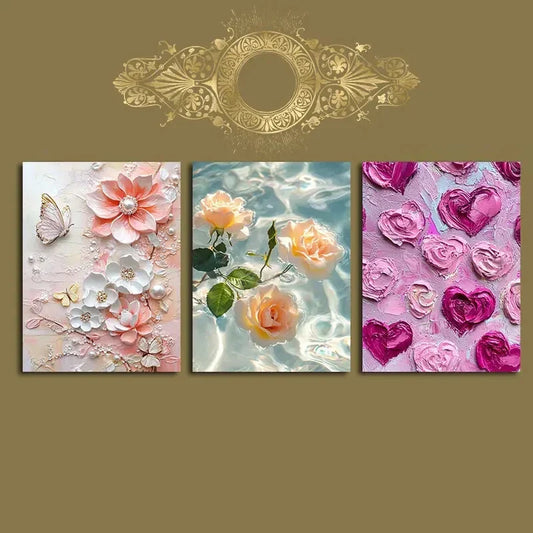 3pcs Floral Elegant Rose and Butterfly Metal Print Ready to Hang Art