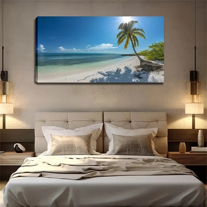 Tropical Beach Palm Tree Clear Wall Art Canvas Office Home Room Framed 120x60cm