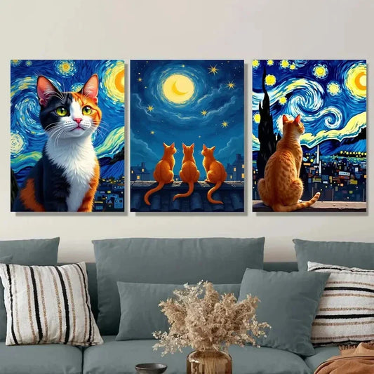 3pcs Starry Night Cat Orange, Black & White Cats Metal Print Ready to Hang Art
