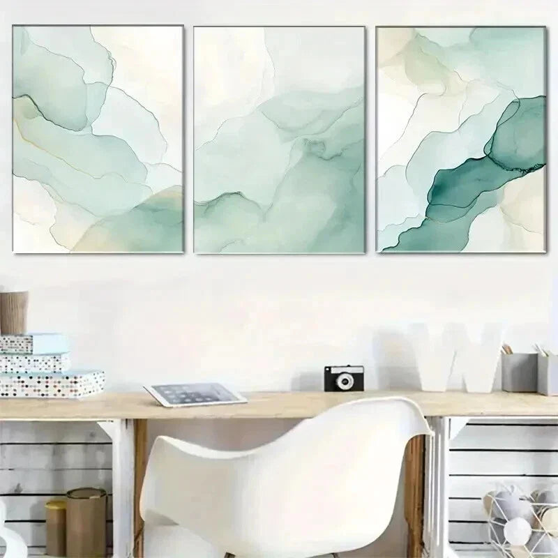 3pcs Elegant Green Abstract Watercolor Painting Wall Art Set Canvas Framed 40x60cm - High Quality Print 100% Australian Made Wall Canvas Ready to Hang