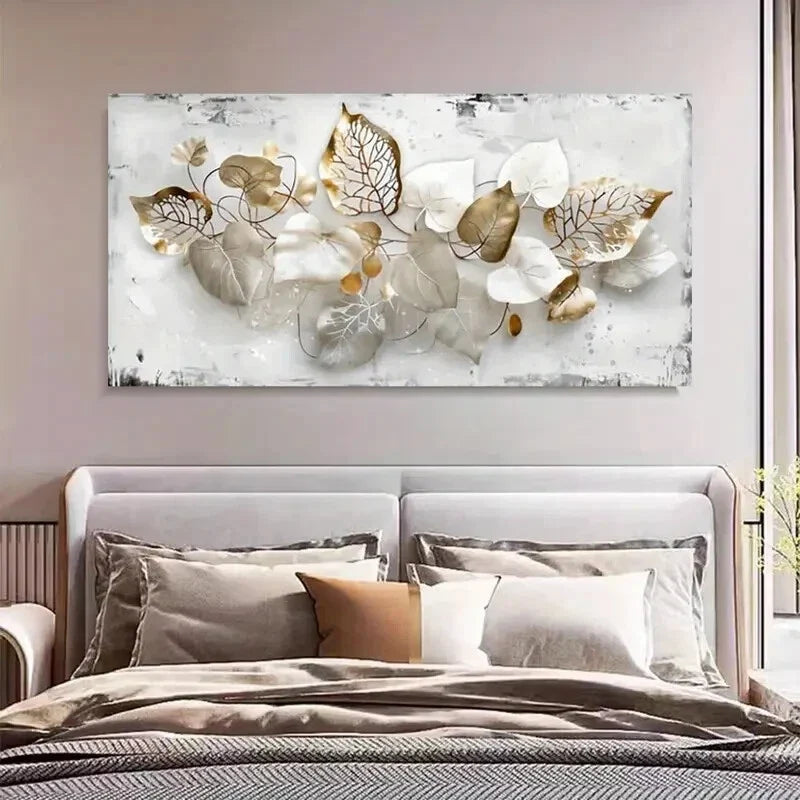 White & Golden Leaves Design Wall Art Canvas Office Home Room Framed 80x45cm