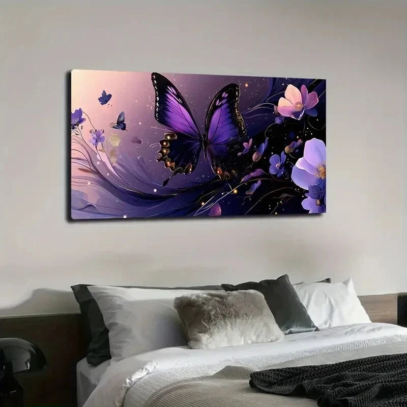 Elegant Purple Butterfly Golden Wall Art Canvas Office Home Room Framed 120x60cm