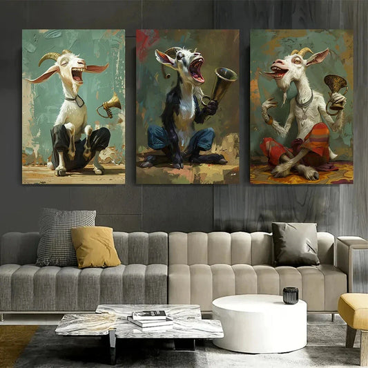 3pcs Whimsical Animal Painting Goat Metal Print Ready to Hang Art