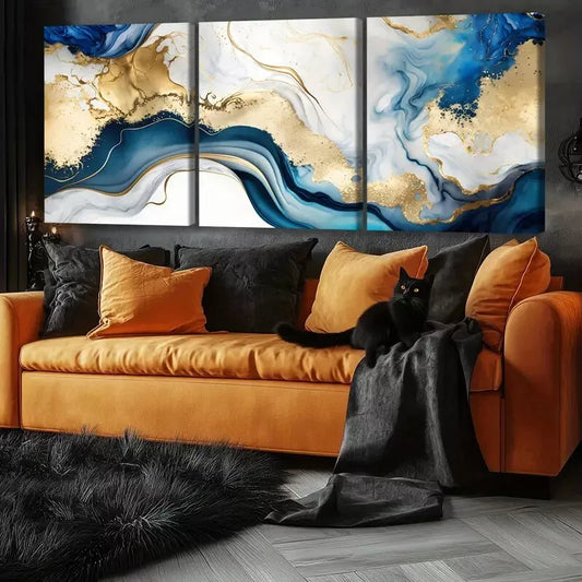 3pcs Abstract Swirls Of Painting In Colors Of Blue & Gold Canvas Framed 40x60cm - High Quality Print 100% Australian Made Wall Canvas Ready to Hang