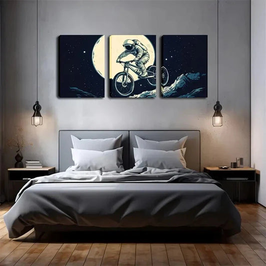 3pcs Vintage Astronaut & Motorcycle Wall Art Set Canvas Framed 40x60cm - High Quality Print 100% Australian Made Wall Canvas Ready to Hang