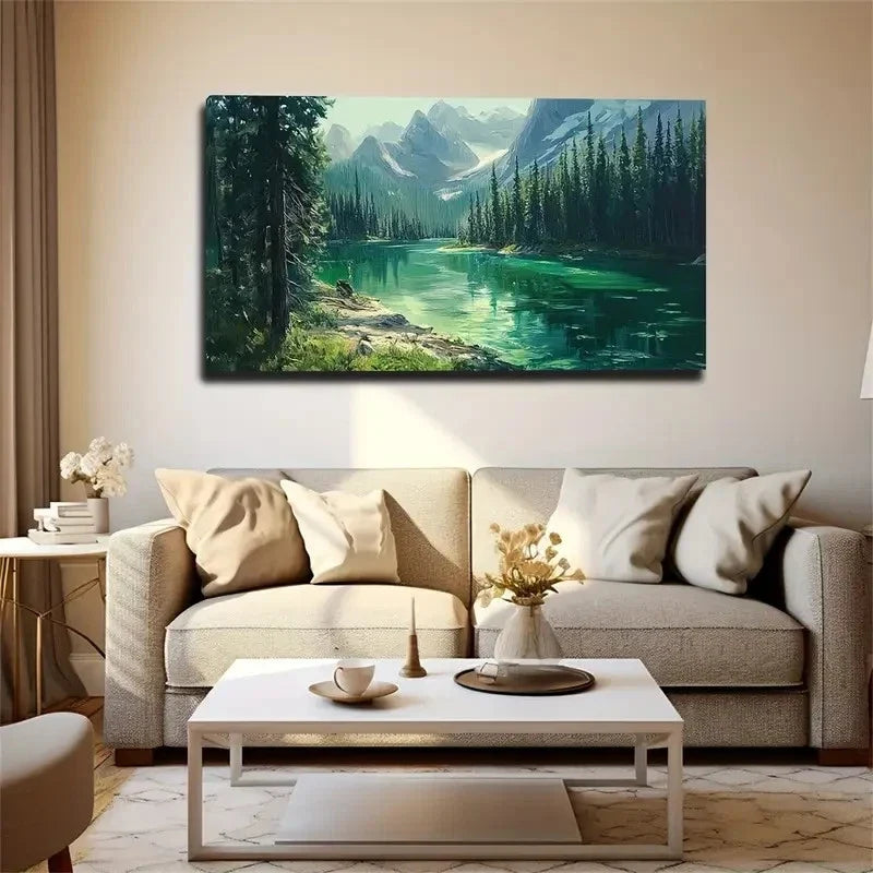 Vibrant Mountain Lake Scene Wall Art Canvas Office Home Room Framed 80x45cm