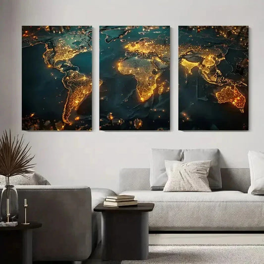3pcs Golden Illuminated Cityscape Abstract Metal Print Ready to Hang Art