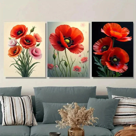 3pcs Vibrant Red Poppy Flower Metal Print Ready to Hang Art