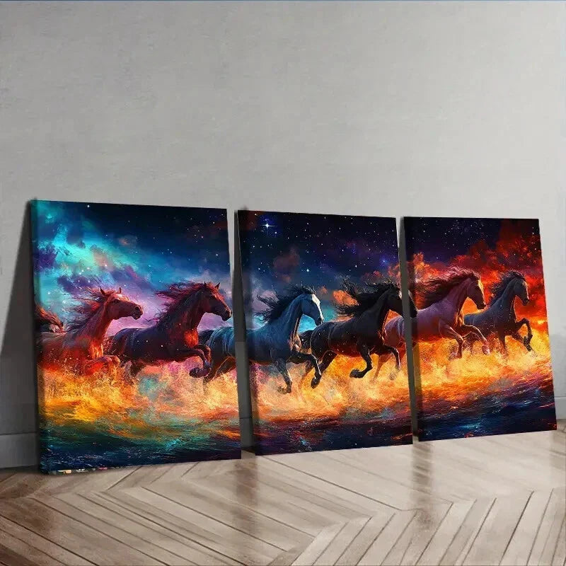 3pcs Vibrant Horses Running Darkness Perfect Wall Art Set Canvas Framed 40x60cm - High Quality Print 100% Australian Made Wall Canvas Ready to Hang