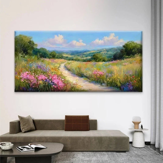 Floral Fields & Rolling Hills Wall Art Canvas Office Home Room Framed 80x45cm