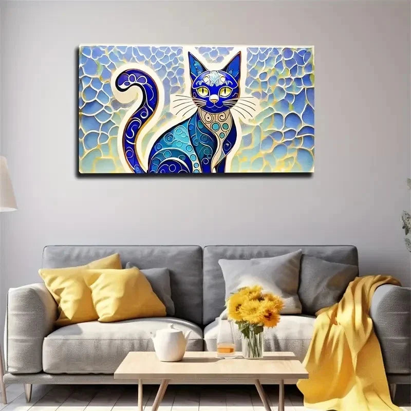 Vibrant Blue & Golden Cat Wall Art Canvas Office Home Room Framed 80x45cm