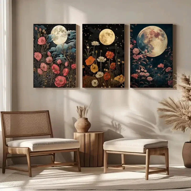 3pcs Moon and Flowers Wildflowers, and Forest Metal Print Ready to Hang Art