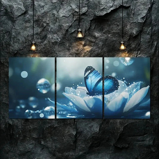 3pcs Vibrant Blue Butterfly on White Lotus Perfect Wall Art Set Canvas Framed 40x60cm - High Quality Print 100% Australian Made Wall Canvas Ready to Hang