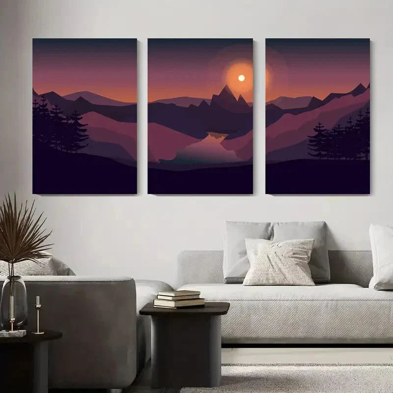 3pcs Abstract Mountain Sunset Landscape Metal Print Ready to Hang Art