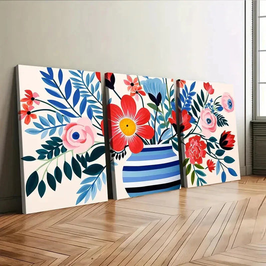 3pcs Matisse Style Vase Wild Flowers Red & Blue Wall Art Set Canvas Framed 40x60cm - High Quality Print 100% Australian Made Wall Canvas Ready to Hang