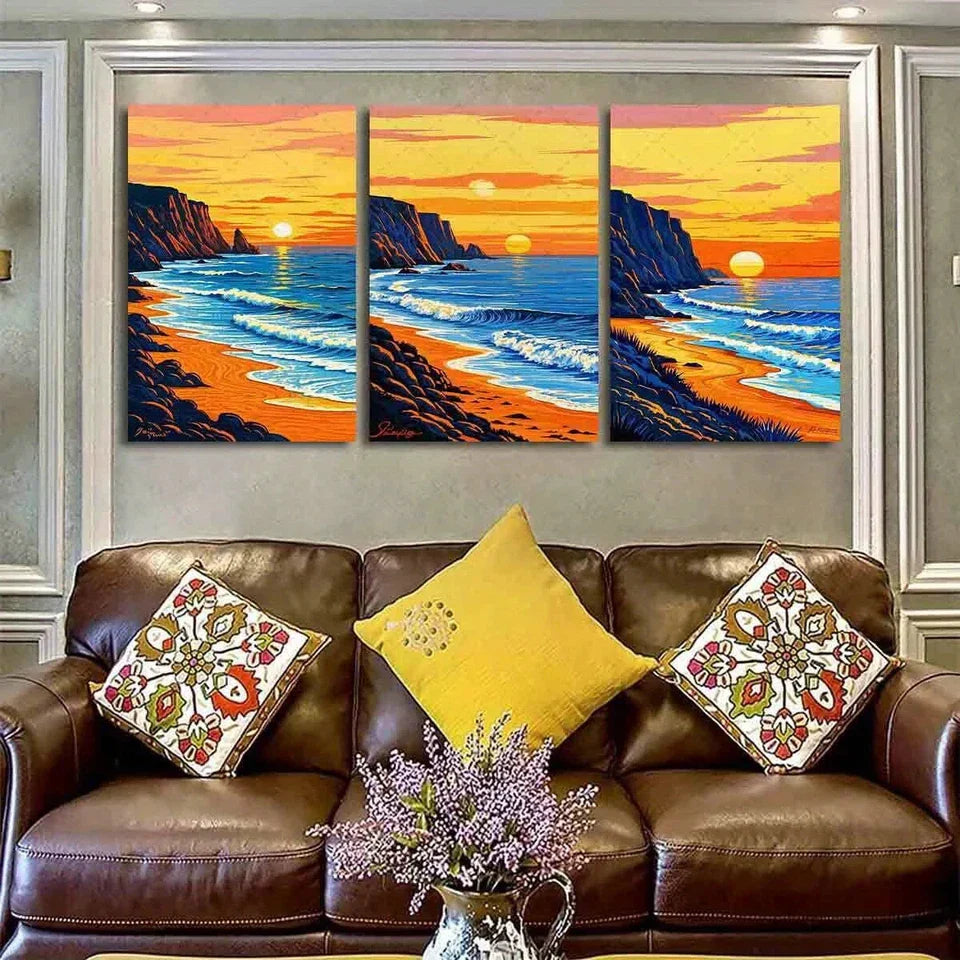 3pcs Vibrant Sunset Ocean Waves & Cliffs Metal Print Ready to Hang Art