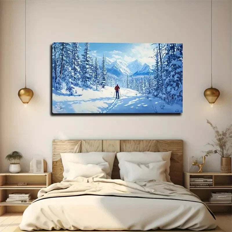 Joyful Skier Winter Landscape Wall Art Canvas Office Home Room Framed 120x60cm