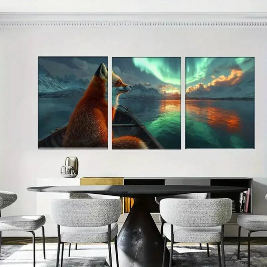 3pcs Aurora Borealis Fox Canvas Print Norther Wall Art Set Canvas Framed 40x60cm - High Quality Print 100% Australian Made Wall Canvas Ready to Hang