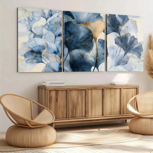 3pcs Blue Botanical Blue Leaves Abstract Wall Art Set Canvas Framed 40x60cm - High Quality Print 100% Australian Made Wall Canvas Ready to Hang