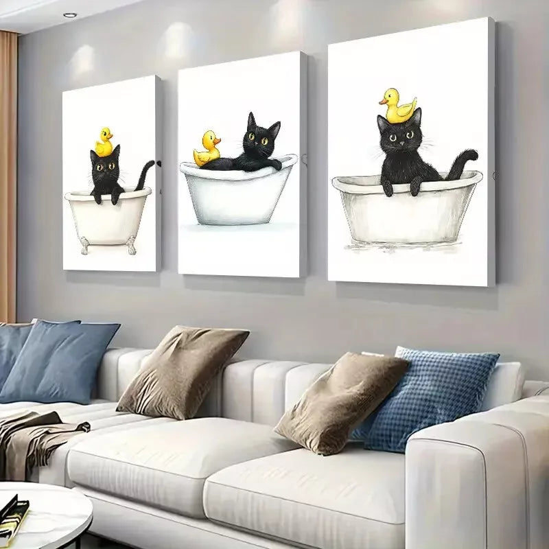 3pcs Whimsical Black Cat & Duckling in Bathtub Wall Art Set Canvas Framed 40x60cm - High Quality Print 100% Australian Made Wall Canvas Ready to Hang