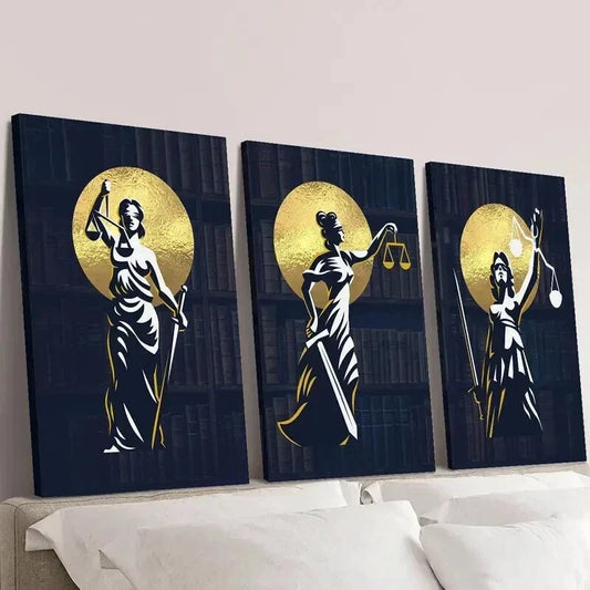 3pcs Golden Silhouette Trio Justice Statue Wall Art Set Canvas Framed 40x60cm - High Quality Print 100% Australian Made Wall Canvas Ready to Hang