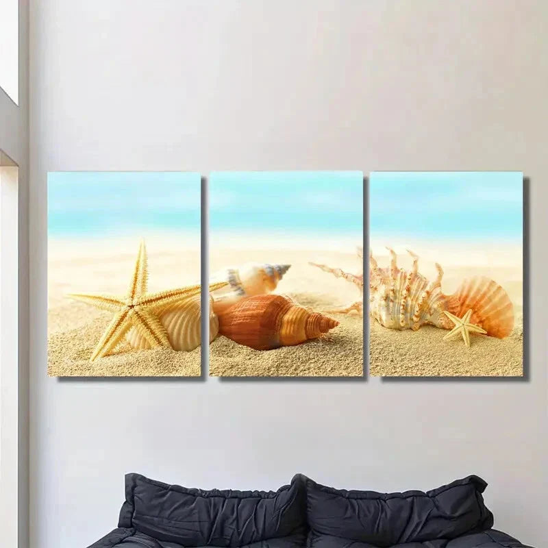 3pcs Beach Seashells and Starfish Triptych Metal Print Ready to Hang Art