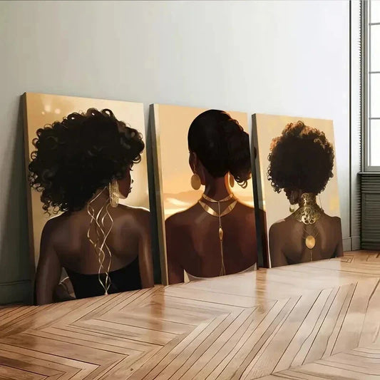3pcs Modern Art Black Woman Portrait Boho Chic Wall Art Set Canvas Framed 40x60cm - High Quality Print 100% Australian Made Wall Canvas Ready to Hang