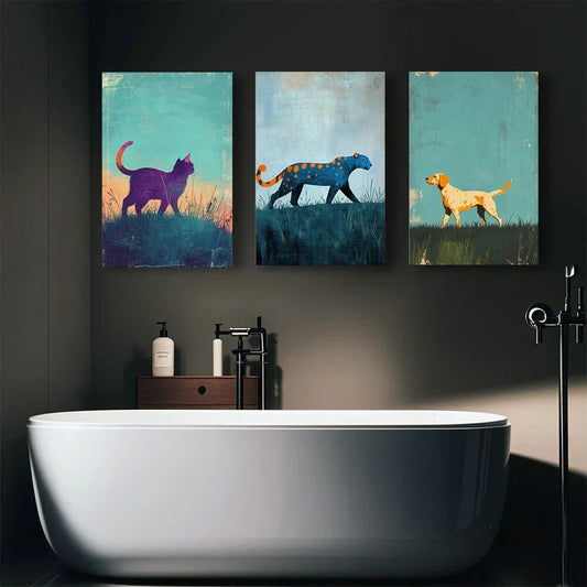 3pcs Small Animals Walking on Hillsides Metal Print Ready to Hang Art