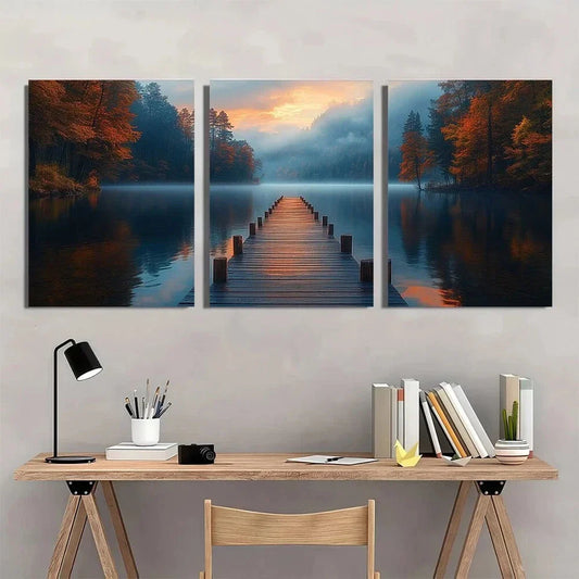3pcs Rustic Tranquil Lake View Forest & Sunset Metal Print Ready to Hang Art