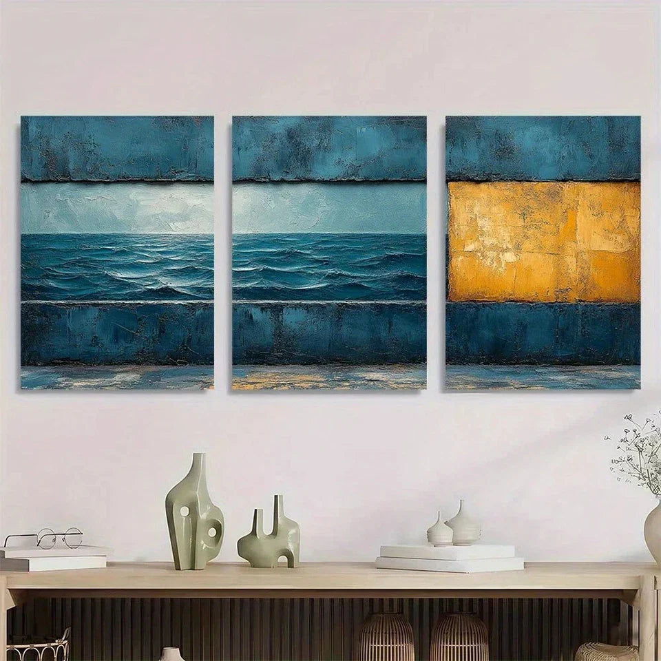 3pcs Abstract Teal Blue and Grey Textured Metal Print Ready to Hang Art