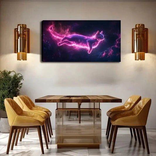 Vibrant Abstract Cat Cosmic Wall Art Canvas Office Home Room Framed 120x60cm