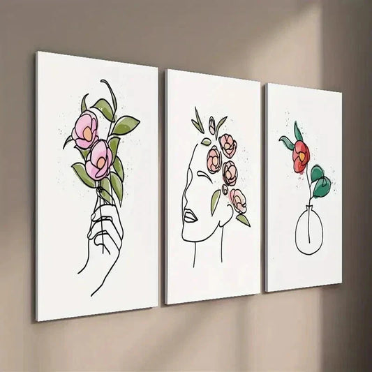 3pcs Floral Poster with Human Face And Hands Wall Art Set Canvas Framed 40x60cm - High Quality Print 100% Australian Made Wall Canvas Ready to Hang