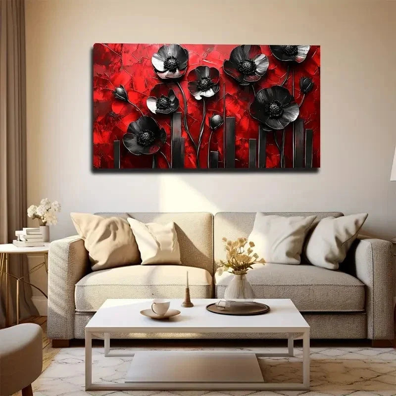 Vibrant Red Flowers with Black Wall Art canvas office home room framed 120x60cm