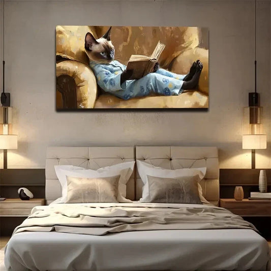Siam Cat Pajamas Reading Book Wall Art Canvas Office Home Room Framed 120x60cm