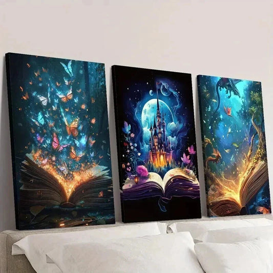 3pcs Magical Creatures Book Butterflies & Castle Wall Art Set Canvas Framed 40x60cm - High Quality Print 100% Australian Made Wall Canvas Ready to Hang