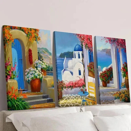 3pcs Santorini Greece Landscape & Floral Garden Wall Art Set Canvas Framed 40x60cm - High Quality Print 100% Australian Made Wall Canvas Ready to Hang